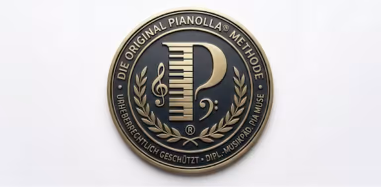 Das goldene runde Qualitätssiegel der geschützten und originalen Pianolla Methode