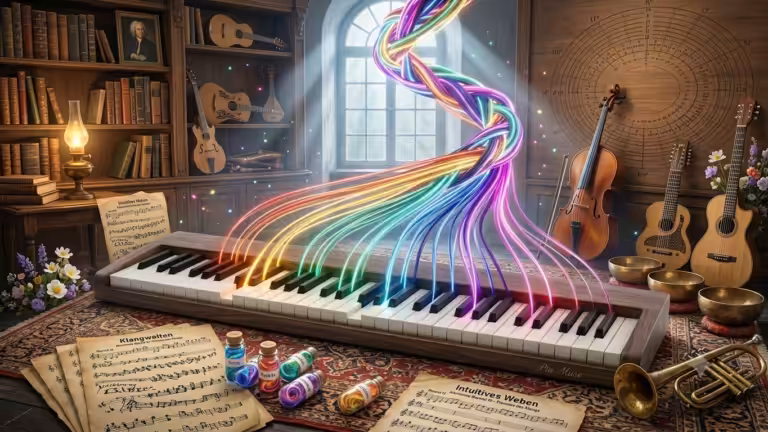 Klaviertastatur in einer gemütlichen Bibliothek mit spiralförmigen, bunten Lichtwellen, die aus den Tasten aufsteigen