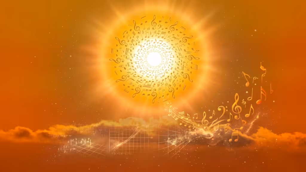 Eine leuchtende goldene Sonne im orangefarbenen Himmel mit schwebenden Musiknoten als Symbol für Intuition